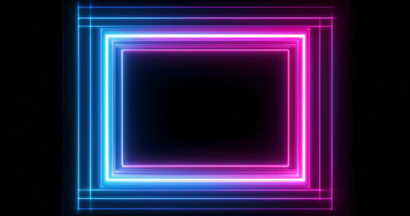 Fototapeta premium Vibrant neon square grame frame on black background. Royalty high-quality free best stock of a glowing neon light rectangle illuminated, abstract technology and futuristic blank design element