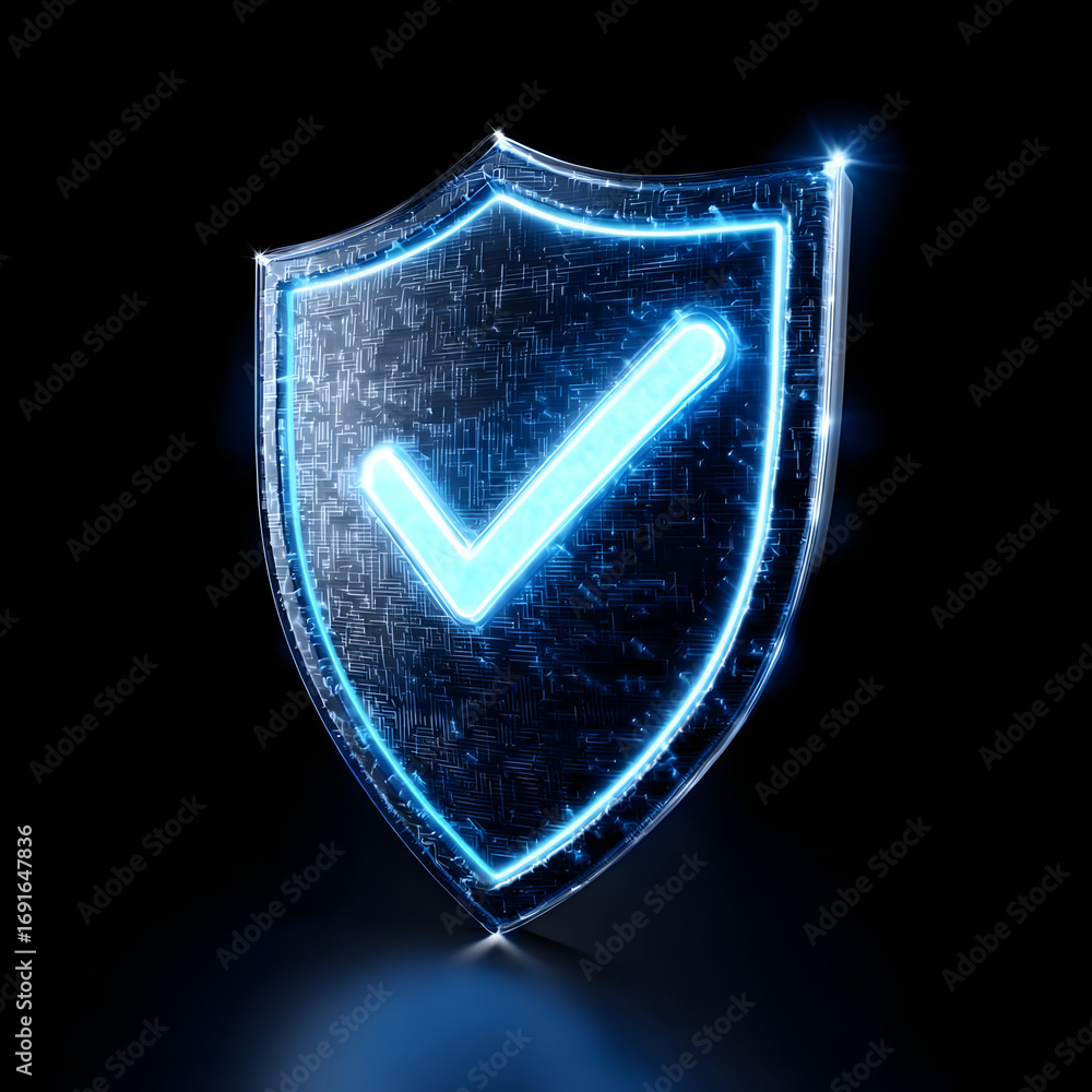 Poster a glowing digital shield icon with a check mark, symbolizing security and protection in the digital 