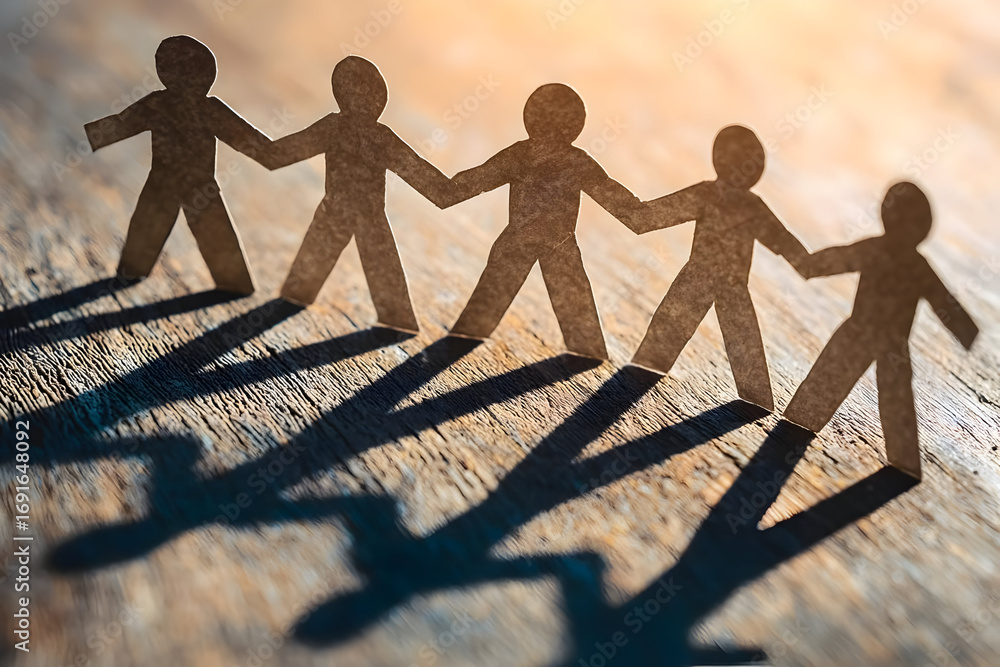 Poster A creative representation of unity and connection using paper cutouts of people holding hands, casting unique shadows.