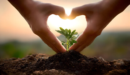 A pair of hands forming a heart shape around a young plant, symbolizing love for nature and the environment at sunset.