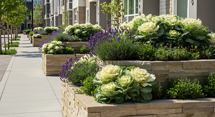 Fototapeta premium Landscaped walkway with ornamental cabbage and lavender