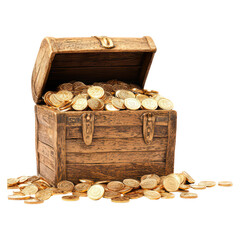Vintage wooden treasure chest overflowing with shiny gold coins detailed view of wealth and riches isolated on white background, isolated on transparent background.