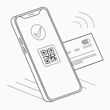 Mobile payment with smartphone and credit card, QR code, and checkmark.