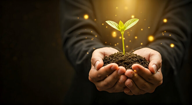 Close up of Hands Cupping Soil with a Young Sprout and Golden Sparkles, Symbolizing Growth and New Beginnings