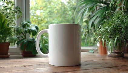 Blank white mug on wooden table by window with plants
