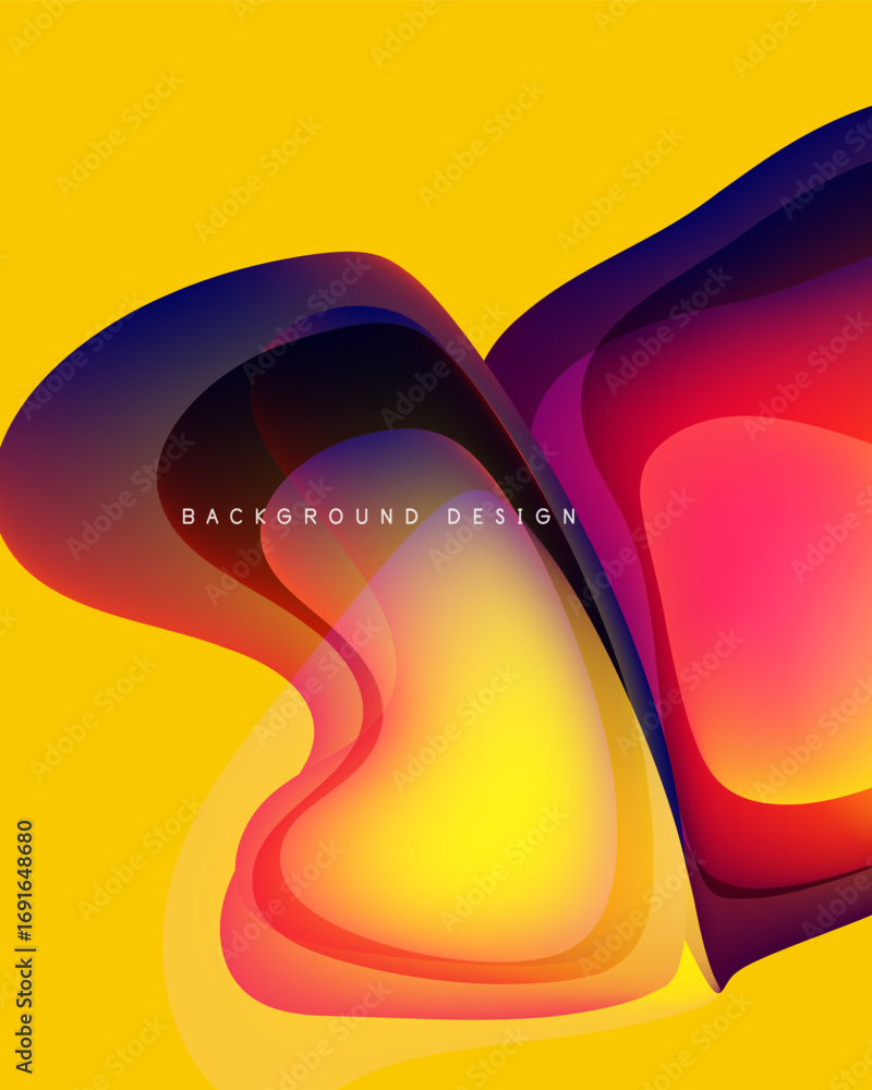 Poster abstract fluid shapes overlap, creating vibrant color gradients. yellow background enhances dynamic 