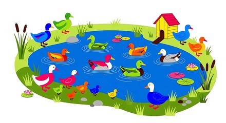 Vibrant cartoon ducks and ducklings playfully swim in a serene pond with a charming duck house nearby