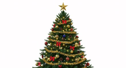 A vibrant Christmas tree decorated with colorful balls and a golden star, isolated on a white background, symbolizing the holiday season