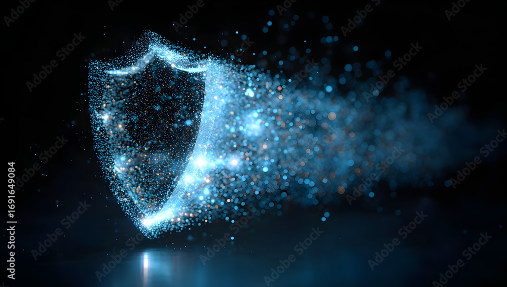 Poster a digital representation of a shield symbolizing protection and security amidst a burst of glowing p