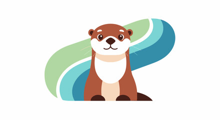 Naklejka premium A cute cartoon otter is looking directly at the viewer with a friendly expression, set against a backdrop of abstract, flowing blue and green waves, creating a charming and playful illustration