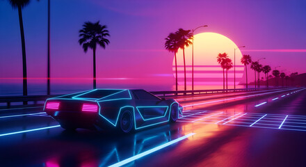 80s Synthwave Inspired Car Driving on a Coastal Highway at Sunset with Neon Lights and Palm Trees