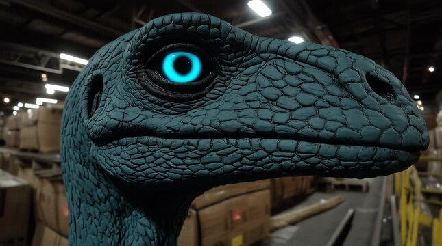 Realistic raptor dinosaur with glowing blue eyes showcases intricate details as the camera refocuses in a warehouse setting at dusk