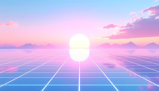 Futuristic neon sunrise grid landscape features glowing retro wave mountains, pastel sky, and vibrant digital horizon in a surreal 80s inspired scene. - Powered by Adobe