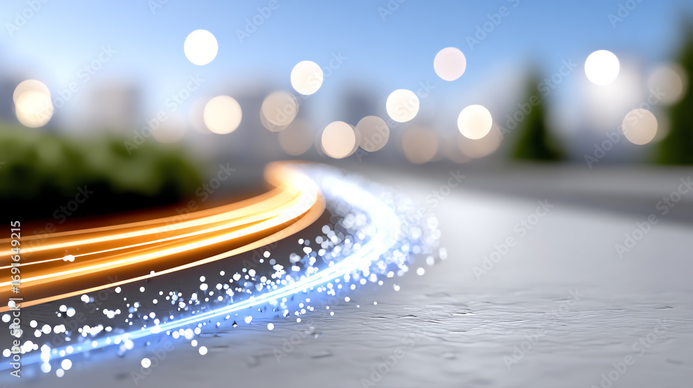 Poster dynamic light trails on a smooth road surface, illustrating speed and motion in an urban environment