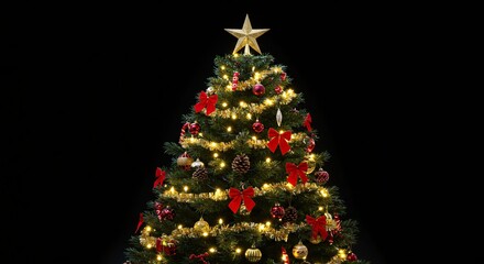 A beautifully decorated Christmas tree with glittering lights and ornaments, a festive holiday celebration centerpiece