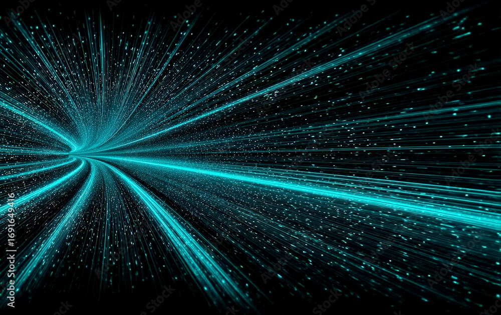 Poster vibrant blue light beams emitting from a central point in a futuristic display