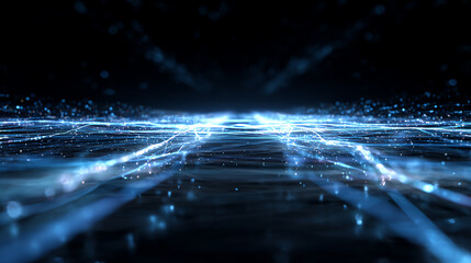Futuristic digital landscape featuring glowing lines and particles on a dark background, representing innovation and technology.