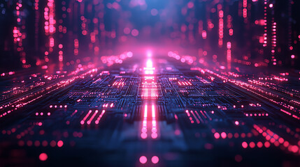 Futuristic digital landscape with glowing circuitry and neon lights, representing advanced technology and virtual reality concepts.