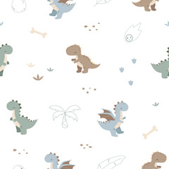 Cute dinosaur seamless pattern. Dino land and forest on white background. Design for fabric, textile, wallpaper, wrapping paper, kids and baby fashion. Vector illustration