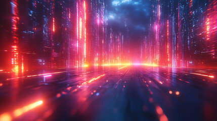 Futuristic digital landscape with vibrant neon lights and motion effects, creating an immersive tech-inspired atmosphere.