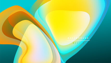 Abstract fluid shapes overlap, creating vibrant yellow, orange, turquoise gradients. Dark background emphasizes bright color transitions. Modern design element.