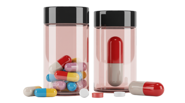 Colorful capsules and pills in transparent bottles, health and medicine concept