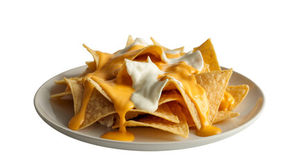 Delicious nachos with melted cheese and sour cream on a white plate