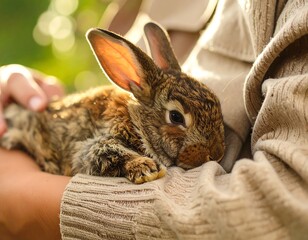 A person gently holding a small brown rabbit outdoors