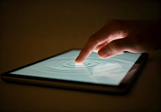 Close up of a Finger Touching a Tablet Screen, Creating Ripples on a Simulated Water Surface