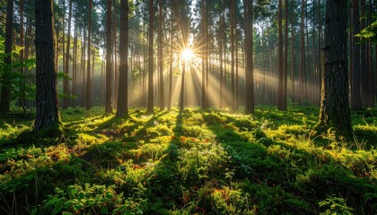 Obraz premium Sunlight streams through a misty forest, illuminating a vibrant green landscape filled with lush vegetation and towering trees.