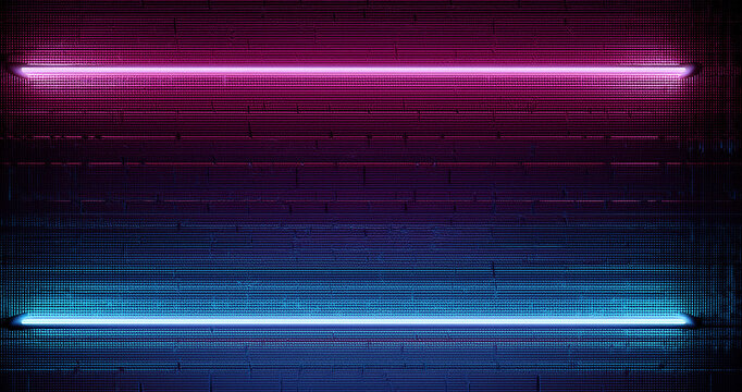 Vibrant neon square grame brick wall background. Royalty high-quality free best stock of a glowing neon light pink rectangle illuminated, abstract technology and futuristic blank design element - Powered by Adobe