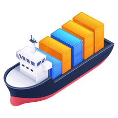 Colorful cargo ship with containers in a vector style showcasing transportation and logistics industry on a clean background, isolated on transparent background.