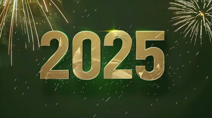 Golden 2025 Number with Fireworks Celebration in Night Sky for New Year Event
