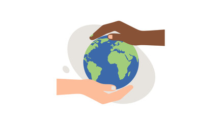 Diverse hands supporting a fragile planet earth with continents clearly visible, symbolizing global unity, environmental protection, and shared responsibility for a sustainable future for all people