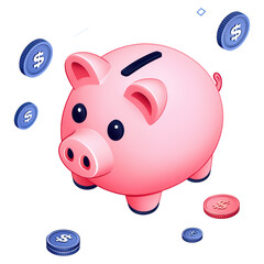 Obraz premium Cute Piggy Bank Surrounded by Coins with Dollar Signs for Financial Savings and Budgeting Concepts, isolated on transparent background.