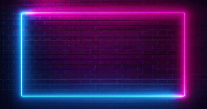 Vibrant neon square grame brick wall background. Royalty high-quality free best stock of a glowing neon light pink rectangle illuminated, abstract technology and futuristic blank design element