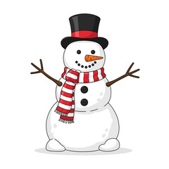 Cartoon Snowman with Top Hat and Striped Scarf Illustration