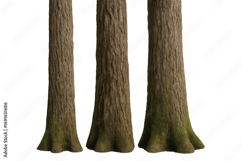 Poster detailed 3d rendering of weathered tree trunks featuring textured bark, mossy base, presented agains