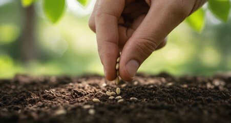 Hand planting seeds in soil under greenery in sunny environment  