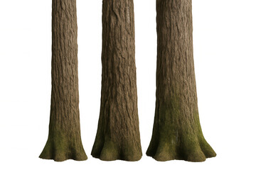 Detailed 3d rendering of weathered tree trunks featuring textured bark, mossy base, presented against transparent background