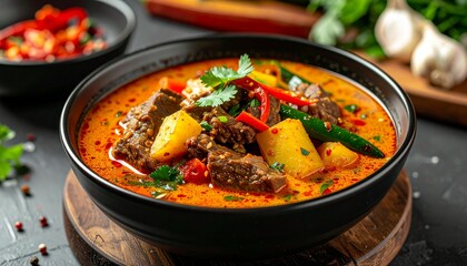 A delicious beef rendang bowl of hearty beef and potato curry, a flavorful and spicy traditional Asian comfort food dish with fresh vegetables