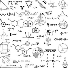 Back to school transparent background. Math equations, chemistry and quantum physics research with geometrical figures on a blackboard at school	
