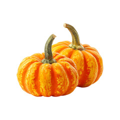 Two small orange gourds with ribbed texture isolated on transparent background