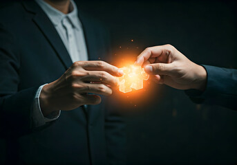 Two Businessmen Hands Connect Glowing Puzzle Pieces Symbolizing Collaboration, Strategy, and Partnership