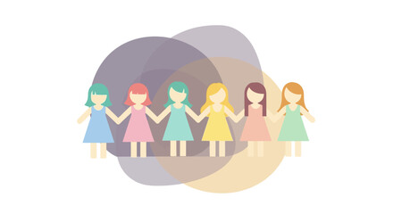 Group of diverse women holding hands in unity, symbolizing friendship, connection, and female empowerment with soft pastel color palette creating a gentle and inclusive atmosphere