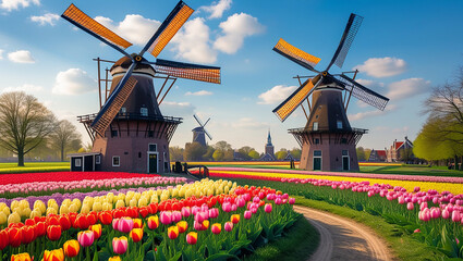 Traditional Dutch windmills with wooden road