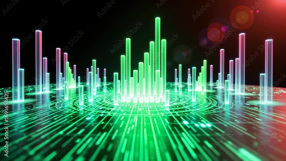 Poster digital data visualization with glowing green and blue bars on futuristic circuit board, showcasing 