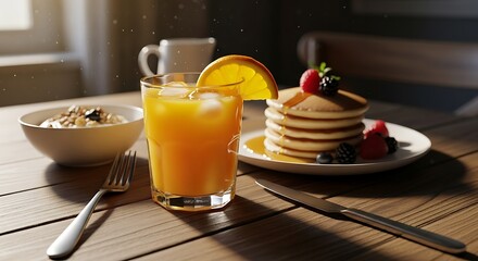 Delicious Breakfast Spread - Pancakes, Orange Juice, and Cereal.