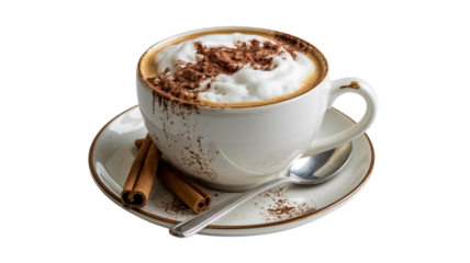 Indulgent cappuccino with rich foam and cinnamon sticks, perfect morning treat