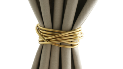 Elegant gold tie-back elegantly secures neutral fabric curtains